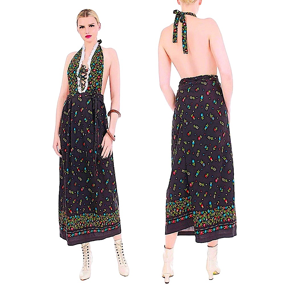 1970’s Style Sexy Wrap Ruffle lace Up Corset Floral Apron Dress